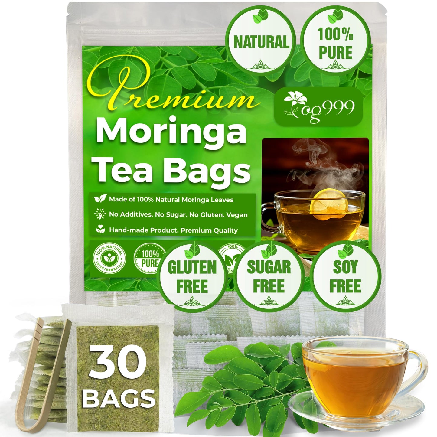 TOG999 Moringa Leaf Herbal Tea Bags, 100% Natural, Caffeine-Free, Vegan, 30 Bags
