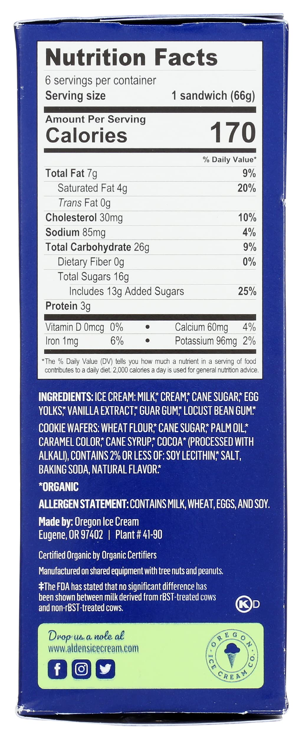 Aldens, Ice Cream Sandwich Vanilla Organic 6 Count, 21.9 Fl Oz