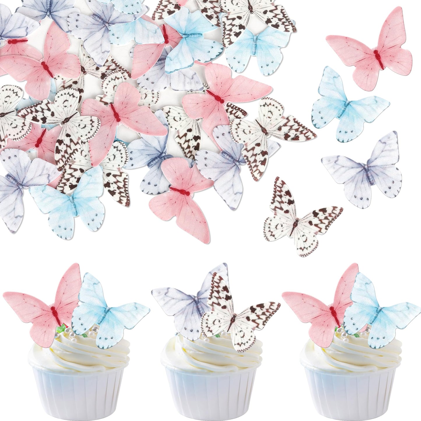 48 PCS Edible Butterfly Cupcake Toppers Colorful Wafer Paper Butterflies Cake Decorations Edible Butterfly Cupcake Picks for But