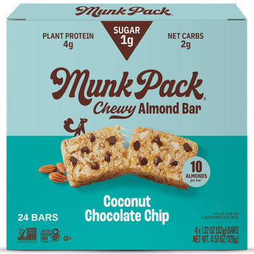 Munk Pack Chewy Almond Bar, Coconut Chocolate Chip | 1G Sugar, 4G Protein, Low Carb & Keto | Gluten Free, Grain Free, Plant Base