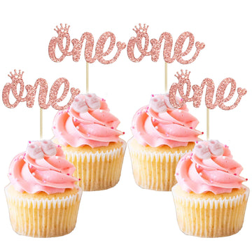Gyufise 24 Pack Rose Gold One Cupcake Toppers 1St Birthday Cupcake Picks For Baby Shower Kids First Birthday Party Cake Decorati