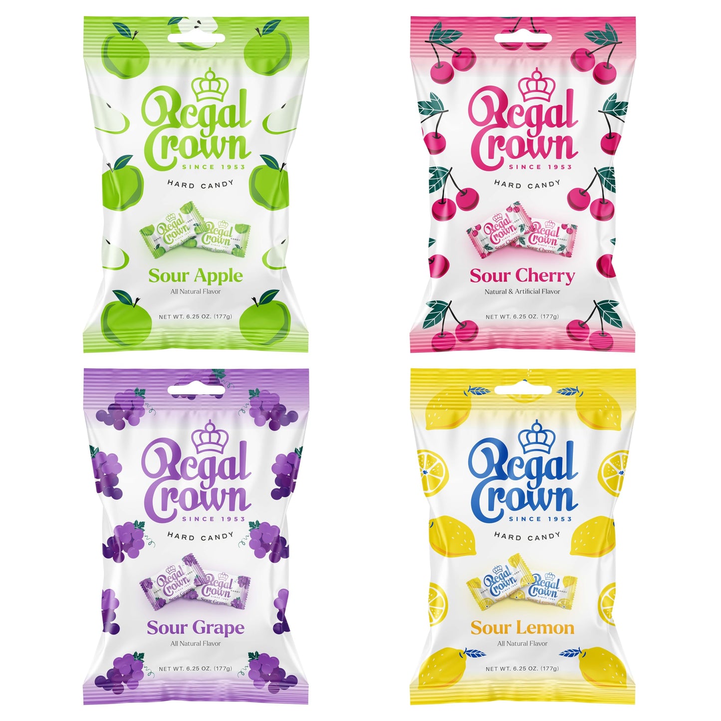 The Hampton Candy Company Sour Candy Variety Pack, 6.25 Ounce Bag (Pack of 4), Grape, Apple, Lemon & Cherry Flavors