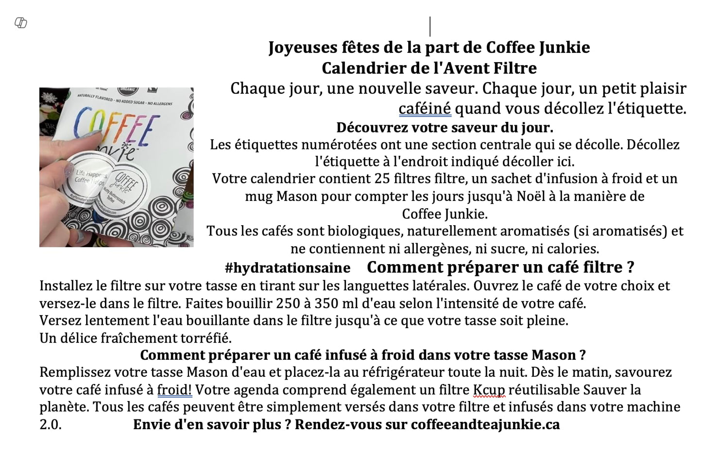 Coffee Junkie Organic Pour Over Coffee Advent Calendar - 25 Different Coffees - 1 Count