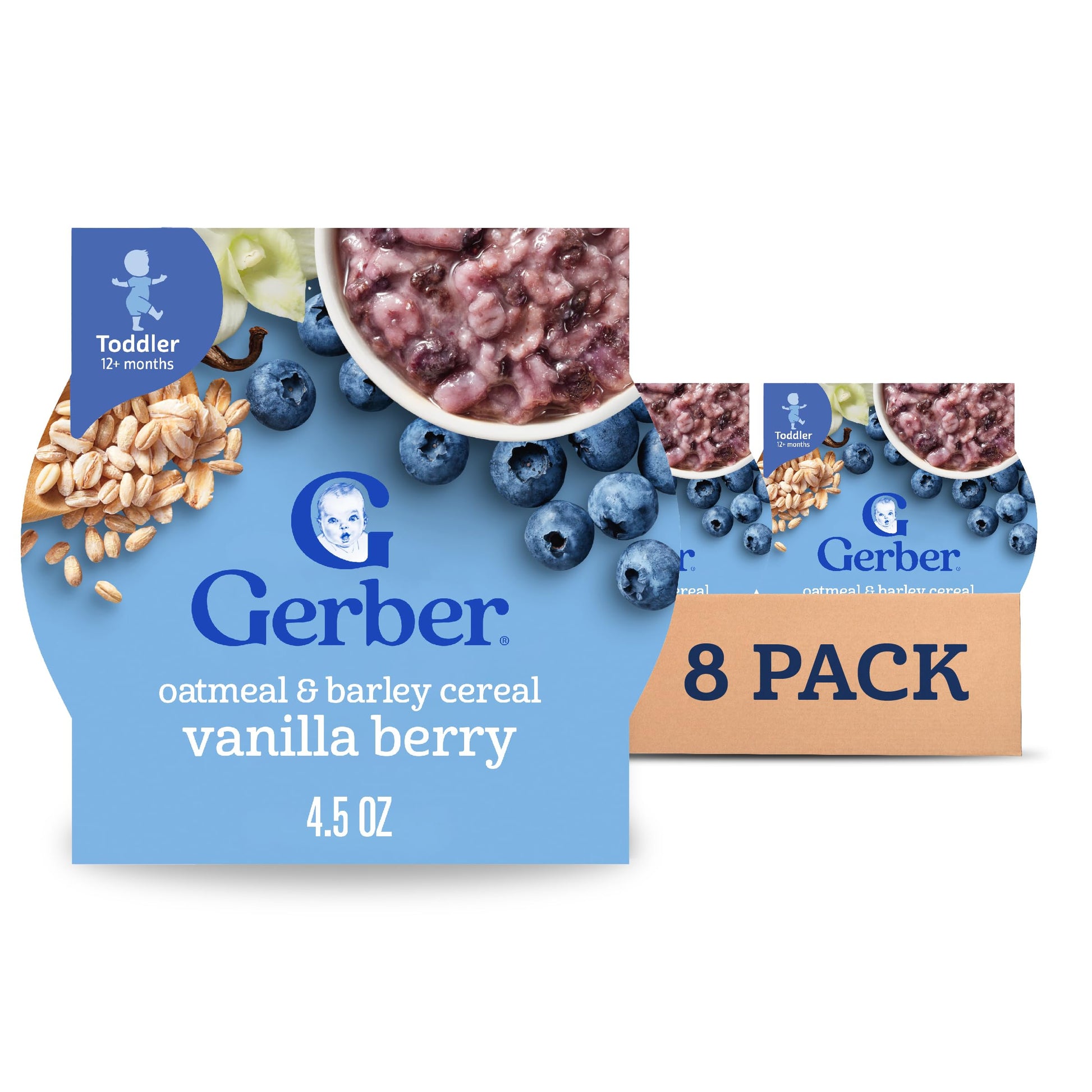 Gerber Toddler Food, Baby Food, Breakfast Oatmeal With Barley, Vanila Berry Flavor, Cereal, Iron Helps Support Brain Development, 8 Pack
