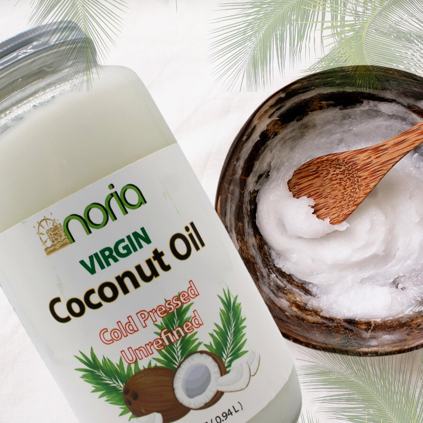 Noria Cold Pressed Virgin Coconut Oil, Unrefined, 32 Fl oz Glass Jar - Natural Health & Beauty Essential