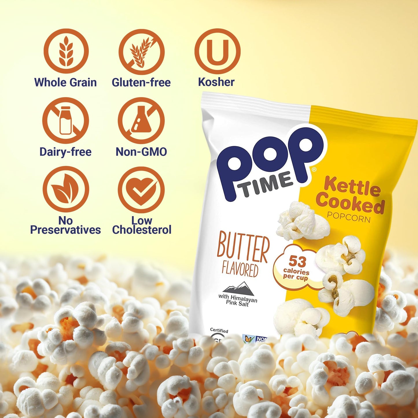 Poptime Kettle Cooked Popcorn - Butter, 4.75Oz Bags (Pack Of 12), Non-Gmo, Gluten Free, Dairy Free, Kosher, Whole Grain, Low Cho