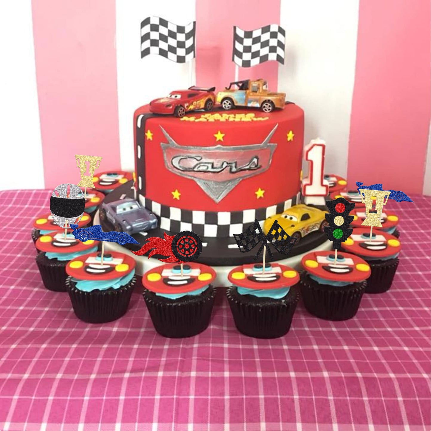 Gyufise 24Pcs Race Car Cupcake Toppers Glitter Traffic Light Wheel Trophy Flag Helmet Racing Car Cupcake Picks For Let'S Go Raci