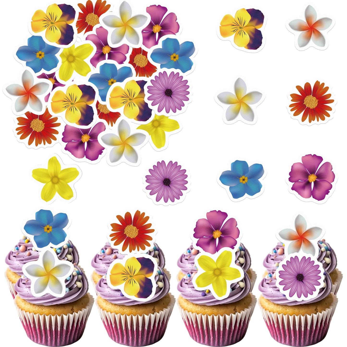 Fyeoxle 48 Edible Flowers Cupcake Toppers Edible Hawaii Flowers Cupcake Decor Wafer Paper Tropical Luau Flowers Cupcake Picks For Flowers Theme Wedding Birthday Party Decor Supplies