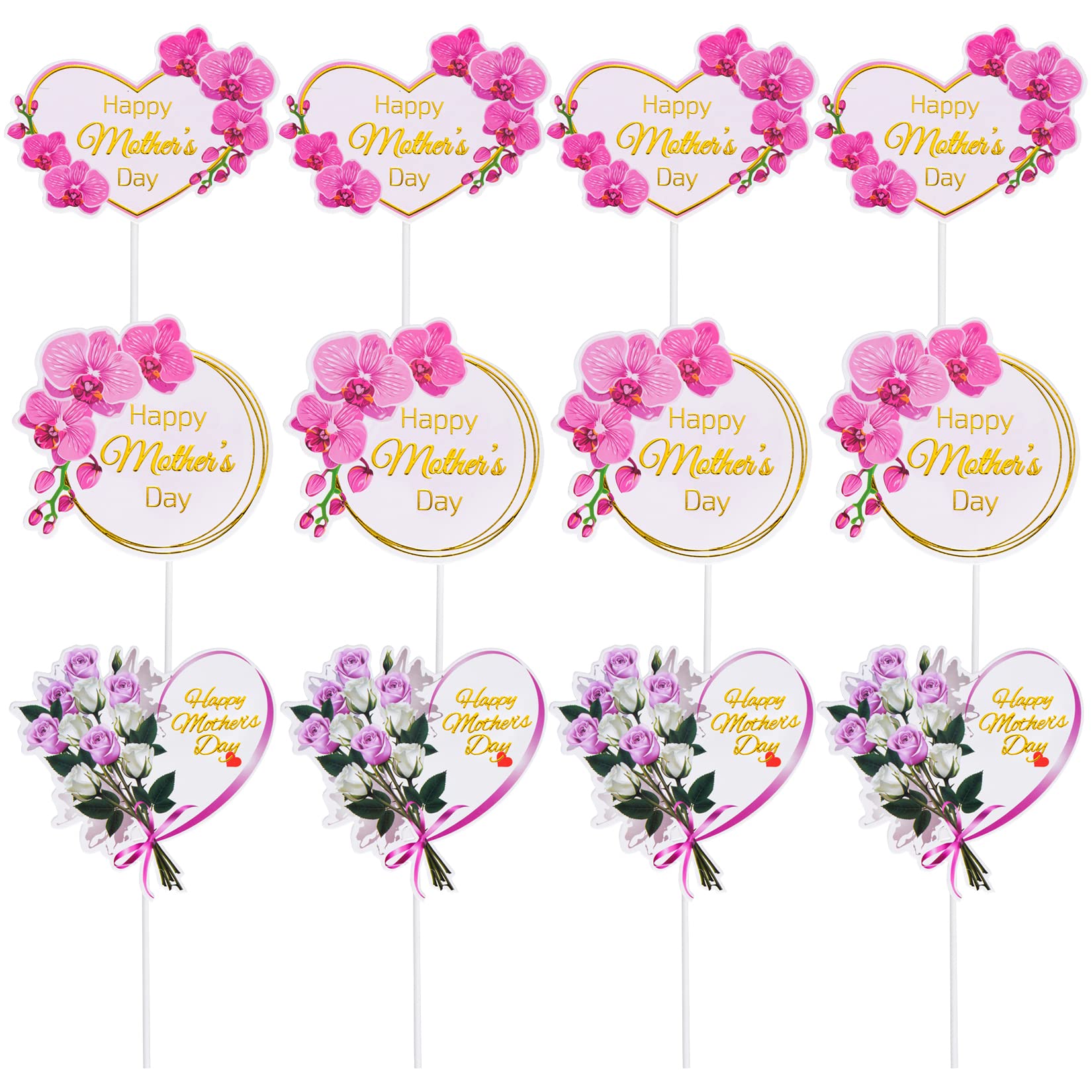 SUMERSHA 12 Pieces Happy Mother's Day Cake Toppers Flower Cupcake Topper for Mother's Day Birthday Cake Decoration Party Supplie
