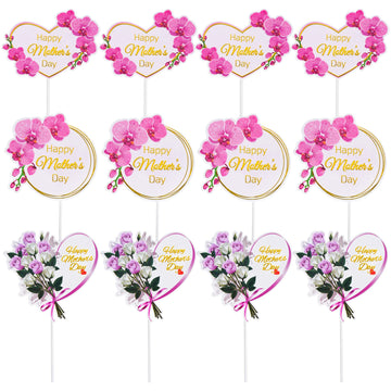 SUMERSHA 12 Pieces Happy Mother's Day Cake Toppers Flower Cupcake Topper for Mother's Day Birthday Cake Decoration Party Supplie