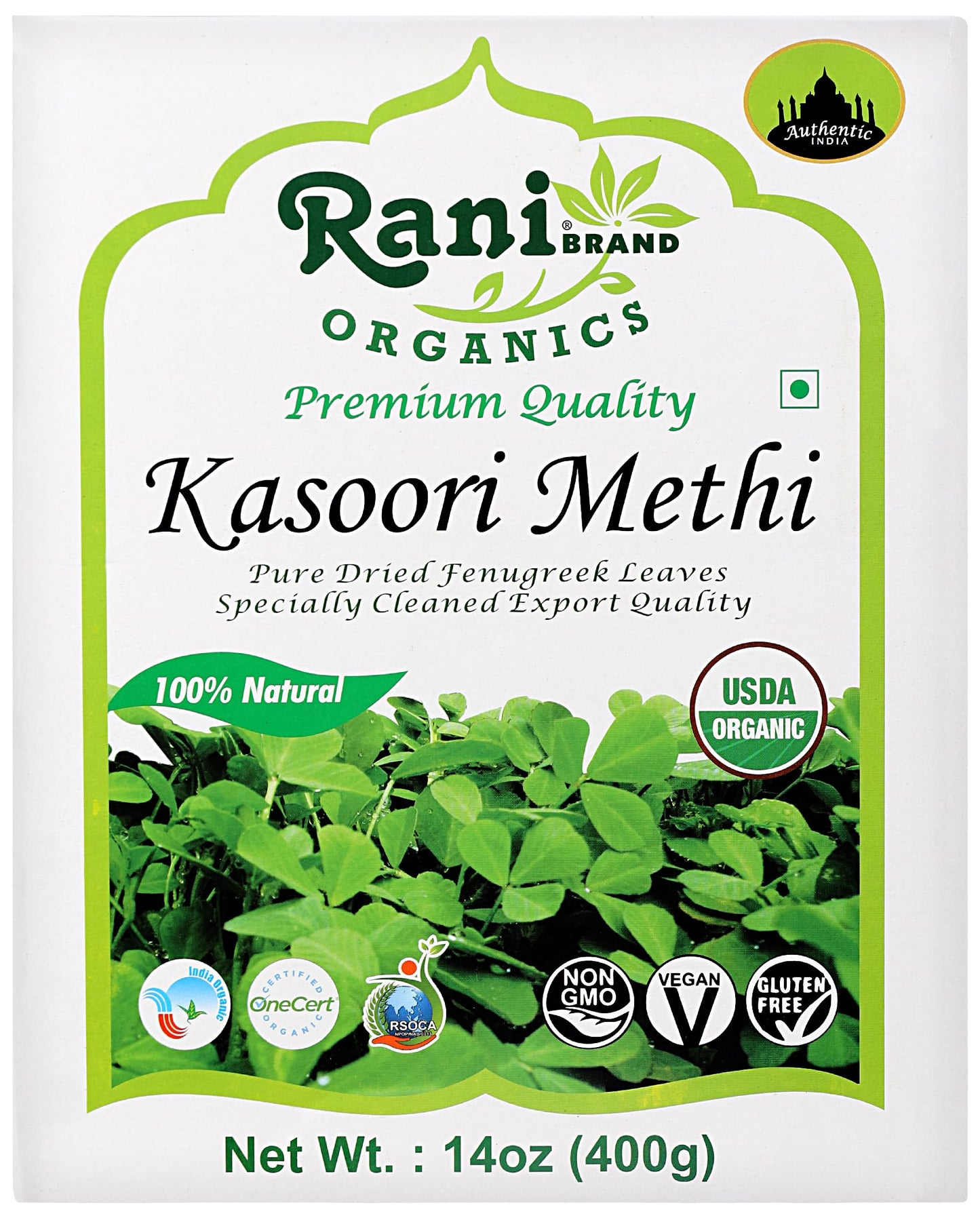 Rani Organic Fenugreek Leaves Dried (Kasoori Methi) 14oz (400g) ~ All Natural | Vegan | Gluten Friendly | NON-GMO | Indian Origi