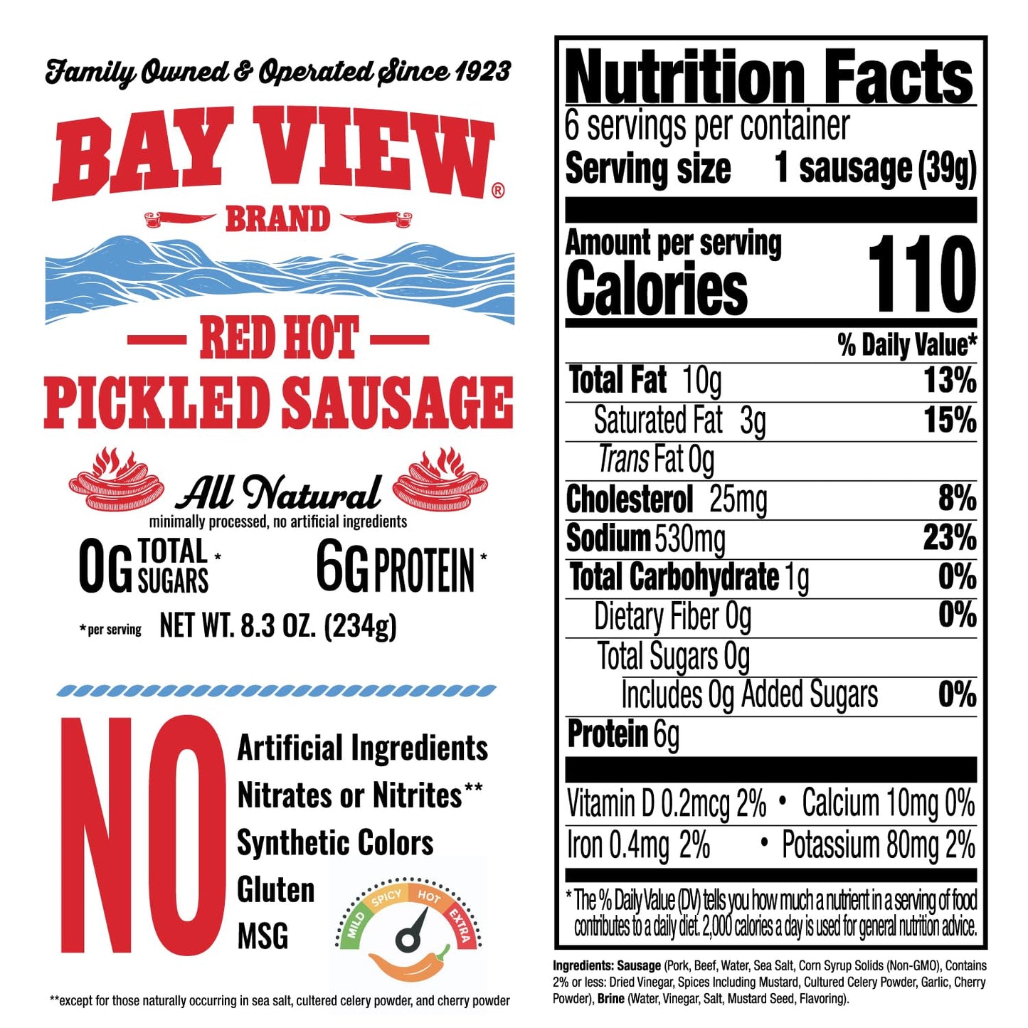 Bay View Smoked Pickled Polish Sausage, No Msg, Gluten Free, No Soy, 0G Sugar, 9G Protein, Hardwood Smoked, Mouthwatering Pickled Snack (8Oz, Red Hot)
