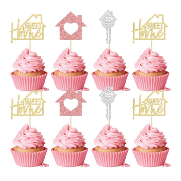 Gyufise 24 Pack Sweet Home Cupcake Toppers Glitter Key Housewarming Cupcake Picks For Welcome New Home Theme Party Cake Decorati