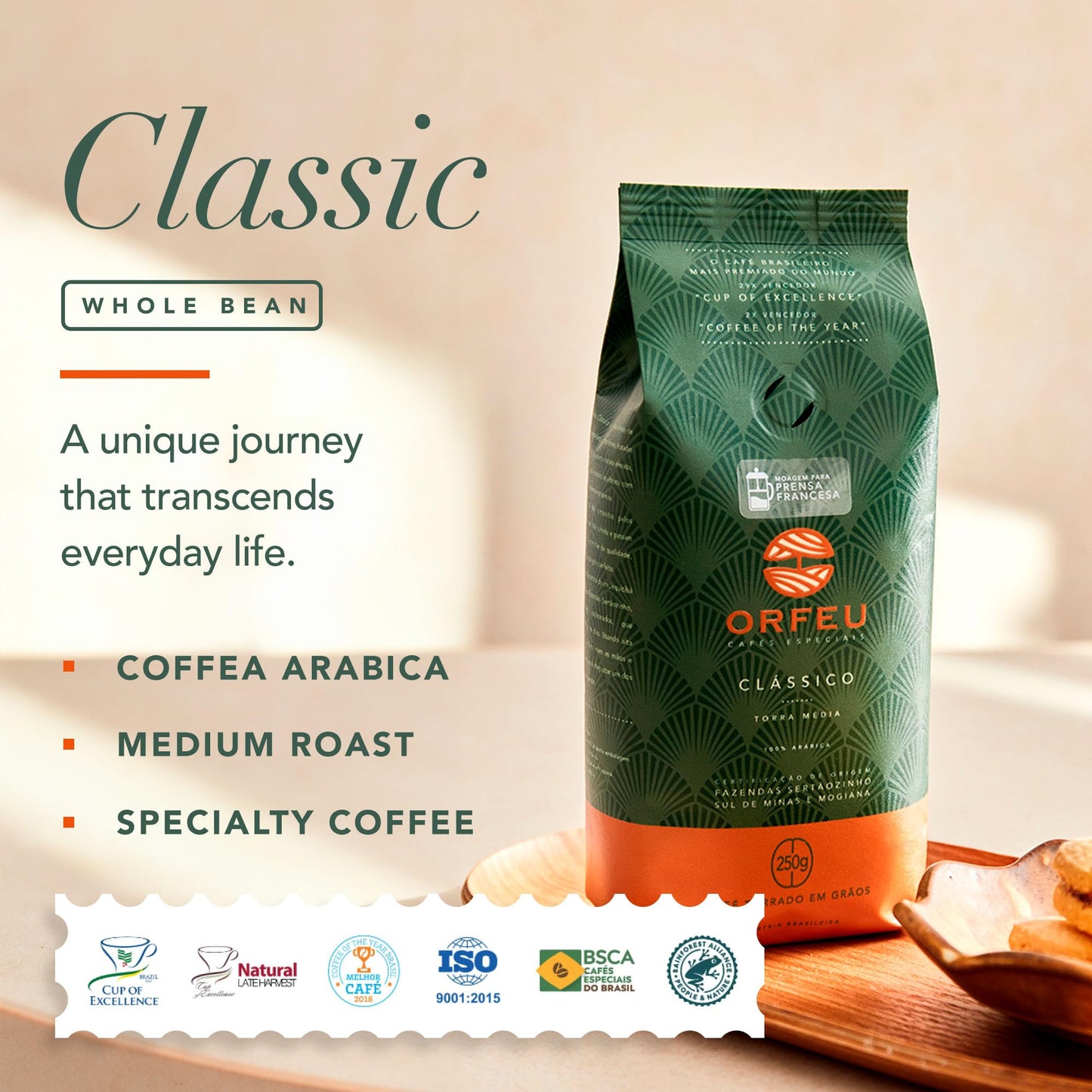 CAFÉ ORFEU Special Coffee Classic Roasted Beans, 100% Arabica, Medium Roasted, 250g (8.8oz), Floral & Fruity Aroma, Made in Brazil
