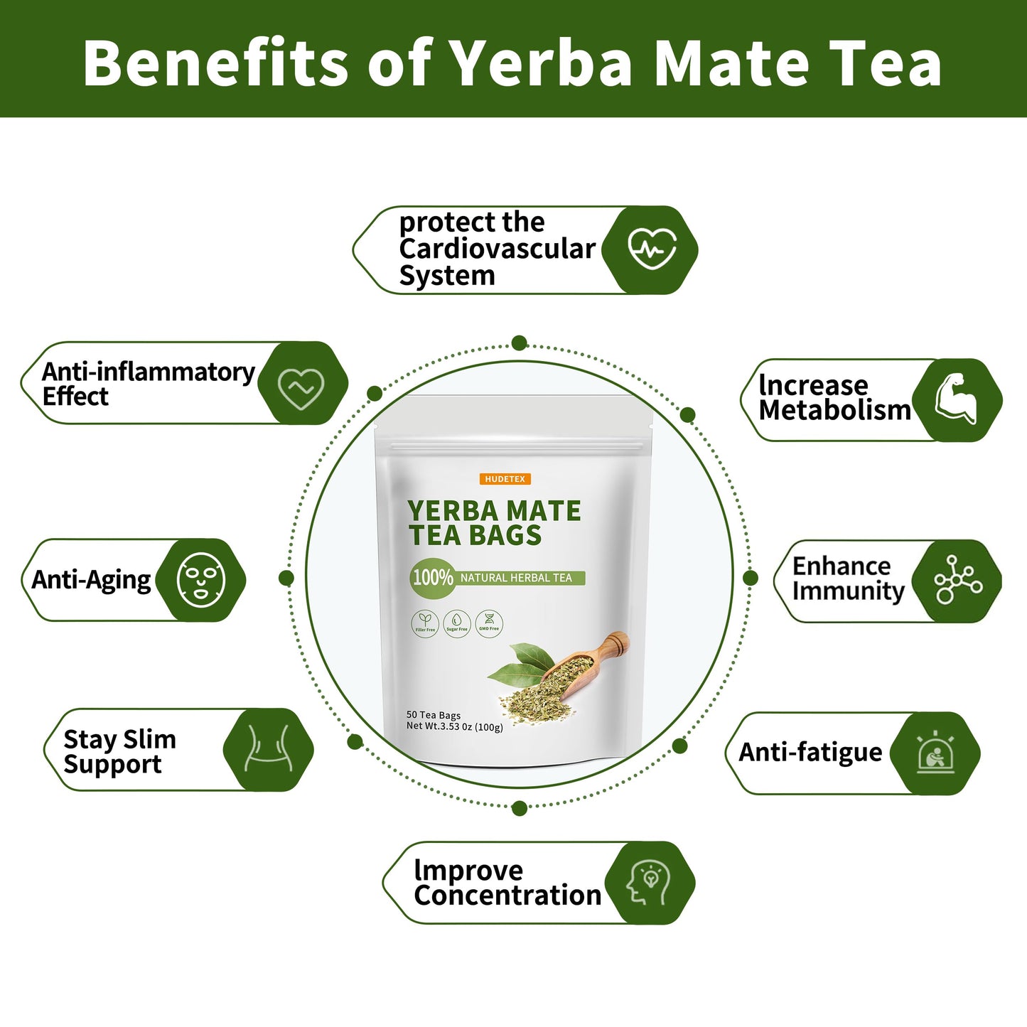 Hudetex Yerba Mate Tea Bags - 50 Count - Supports Cardiovascular & Digestive Systems