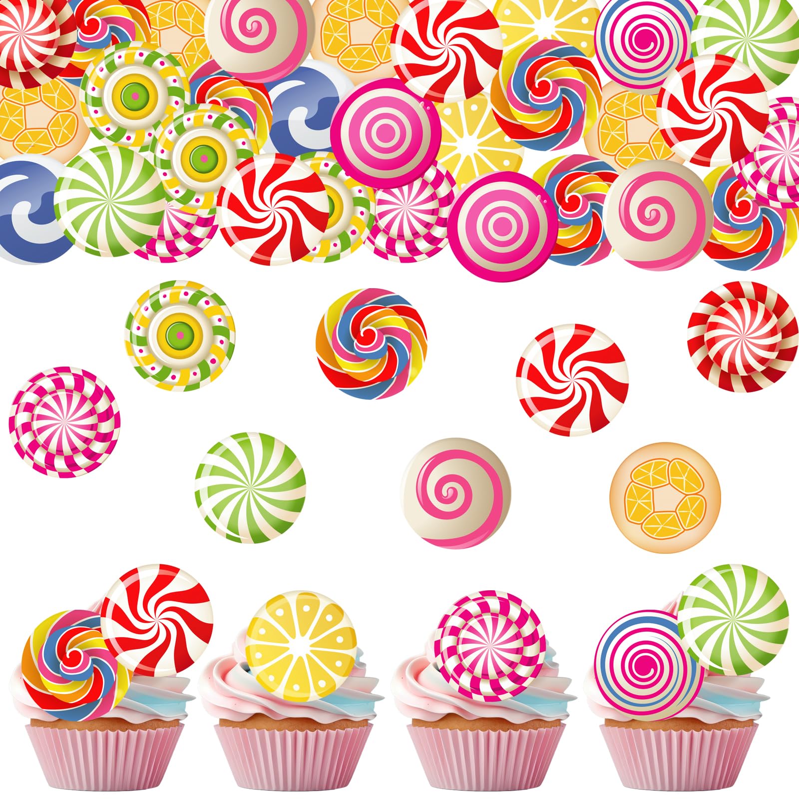 Fyeoxle 36PCS Edible Candyland Cupcake Toppers Wafer Paper Lollipop Garland Cupcake Decor Wafer Sheet Edible Candy Dessert Picks