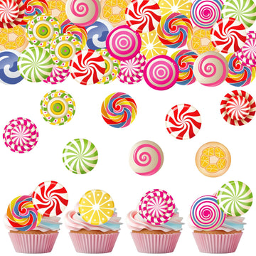 Fyeoxle 36PCS Edible Candyland Cupcake Toppers Wafer Paper Lollipop Garland Cupcake Decor Wafer Sheet Edible Candy Dessert Picks