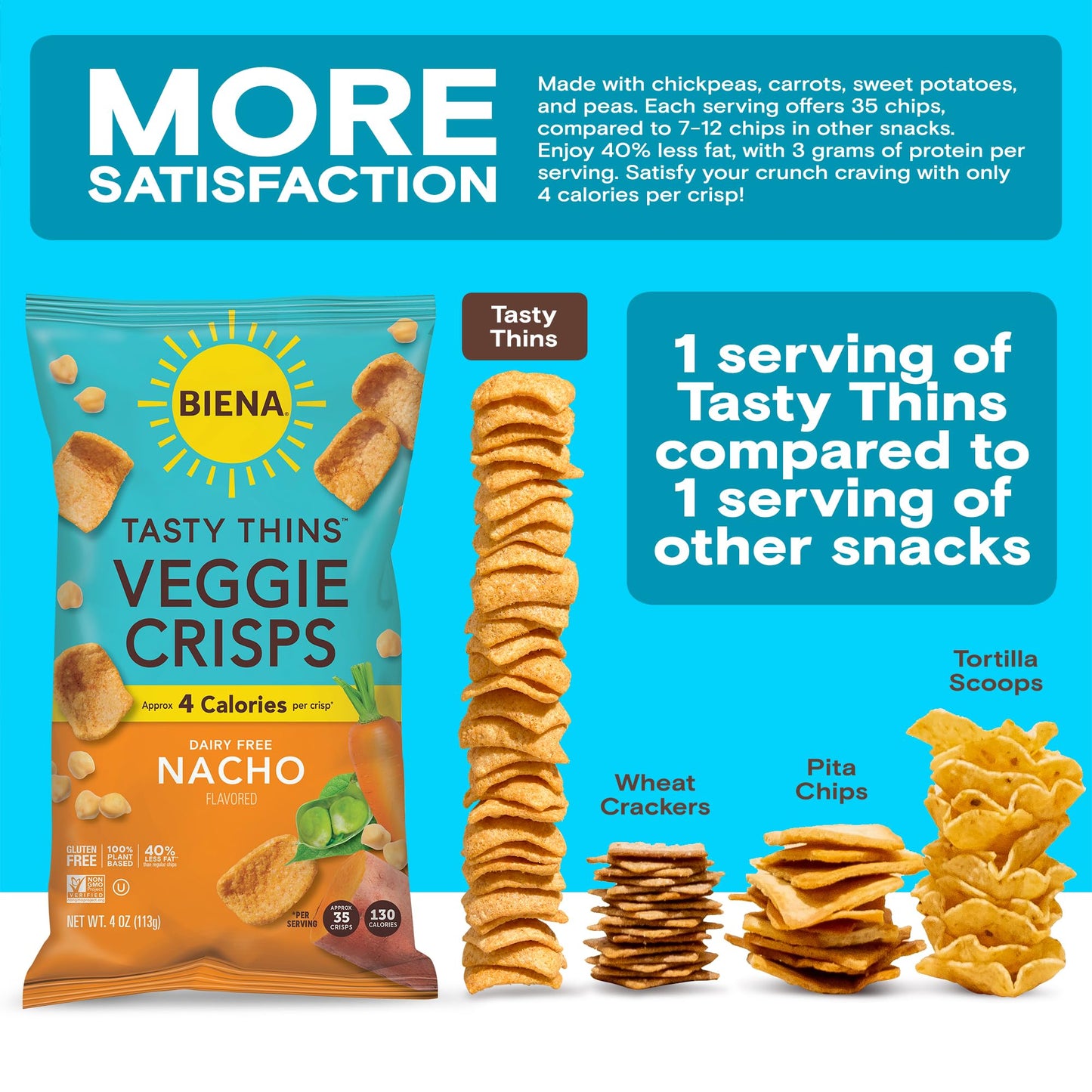 Biena Tasty Thins Veggie Crisps - Low Calorie Veggie Chips For Adults And Kids - 4-Pack, 4 Ounce Bags - Nacho