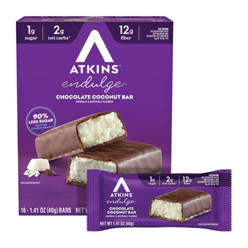 Atkins Endulge Chocolate Coconut Flavored Bar, Low Sugar Treat, High In Fiber, 16 Count