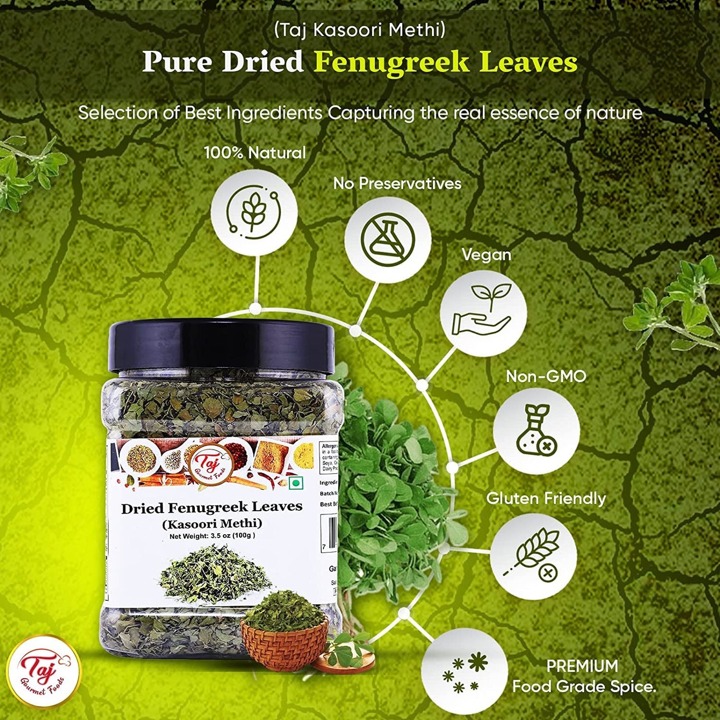 TAJ Kasoori Methi | Dried Fenugreek Leaves | Product of India | 1oz (28g)
