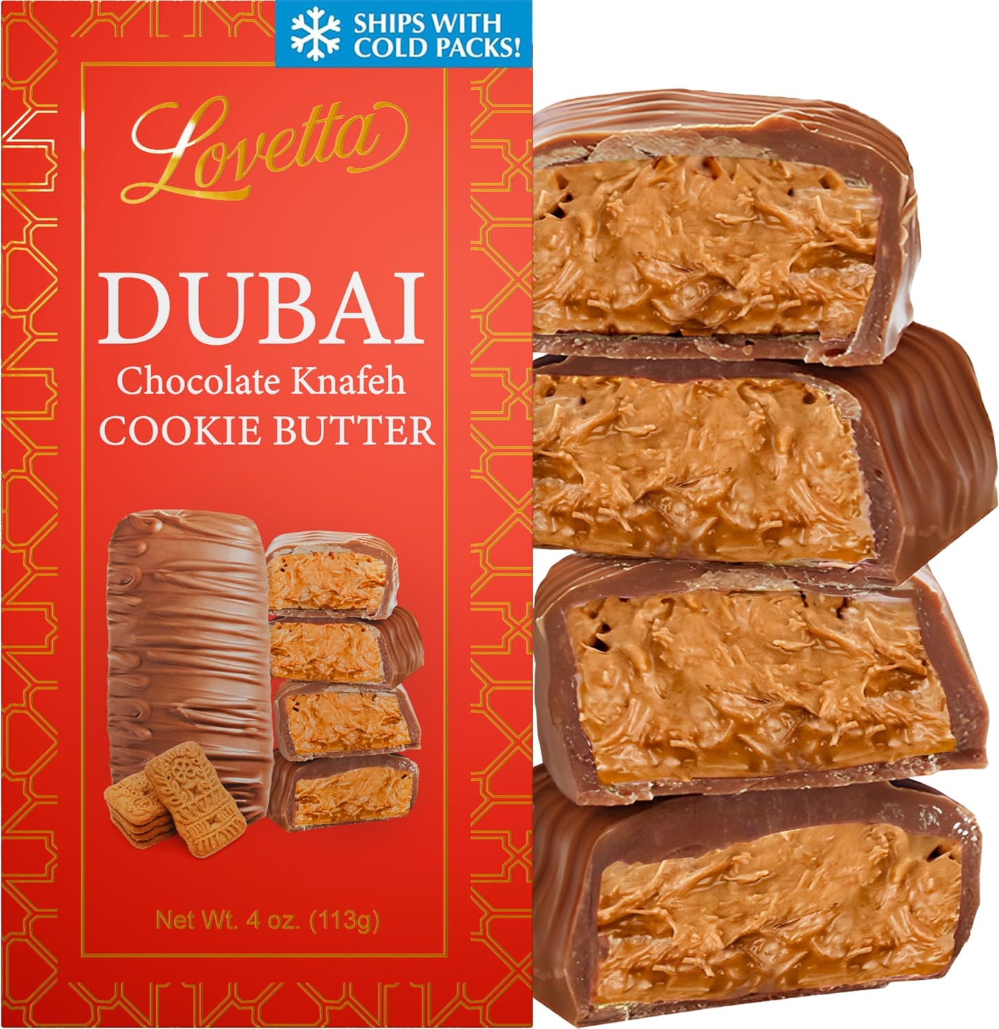 Lovetta Dubai Chocolate Bar Cookie Butter Knafeh - Stylish Rich Milk Chocolate  Individually Wrapped Fresh  Top-Grade Cookie Butter Cream Kataifi Filling (1 Pack)