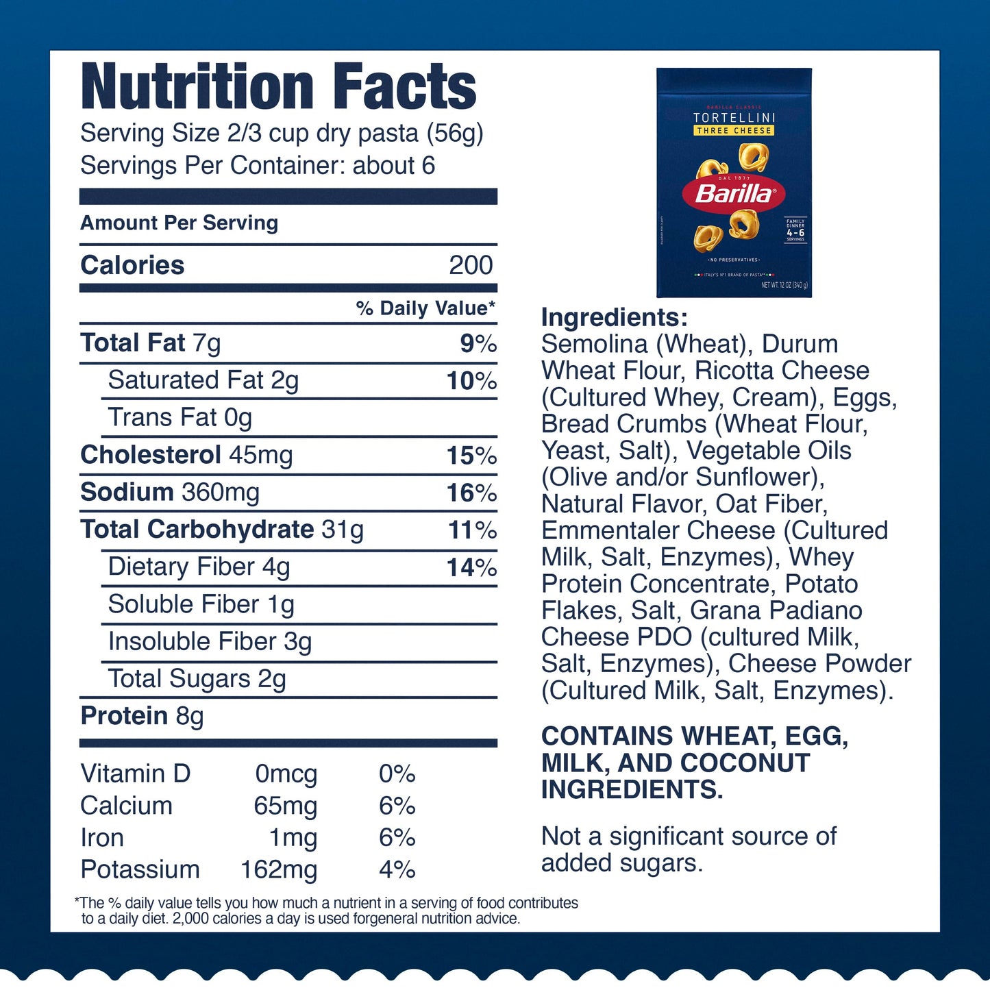Barilla Three Cheese Tortellini Pasta, Dried, Non-GMO Ingredients, 12 oz. Bag, 6 Servings