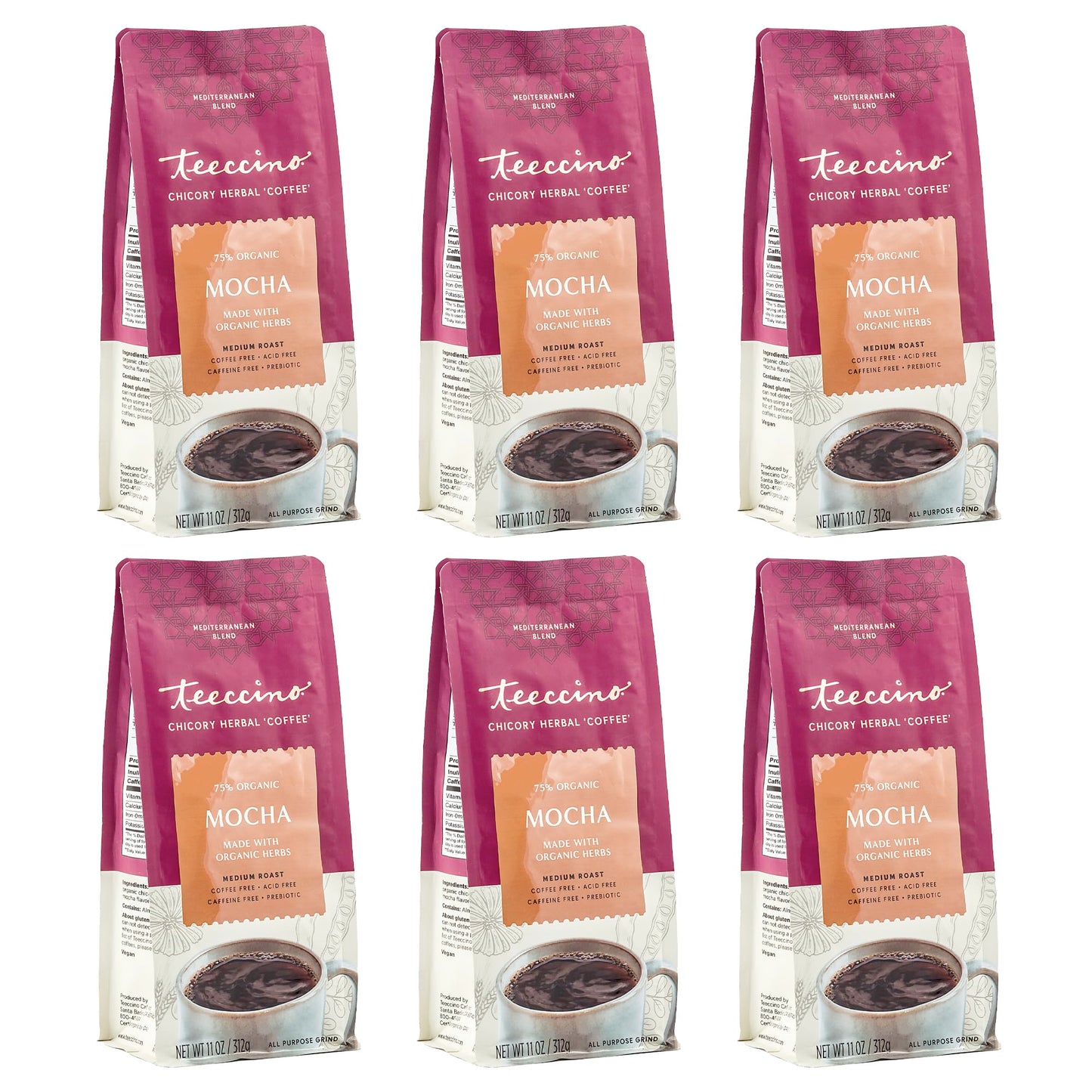 Teeccino Mocha Chicory Coffee Alternative, Caffeine-Free, Medium Roast, 11 Ounce (Pack of 6), Natural