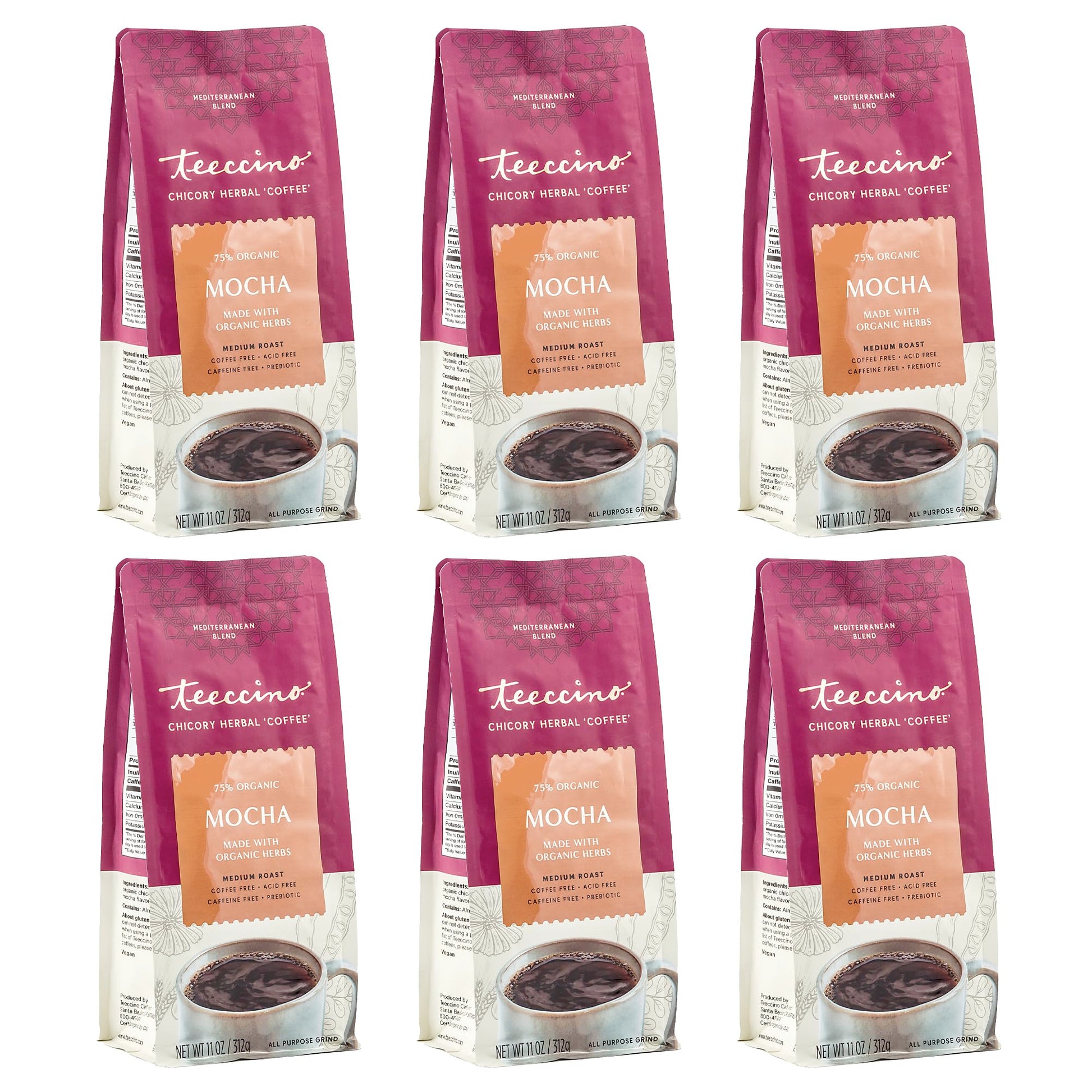 Teeccino Mocha Chicory Coffee Alternative, Caffeine-Free, Medium Roast, 11 Ounce (Pack of 6), Natural