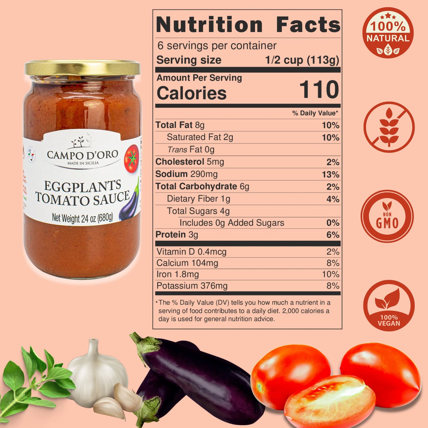 CAMPO DORO Italian Tomato Sauce with Eggplant, 100% Natural, 24oz Jar