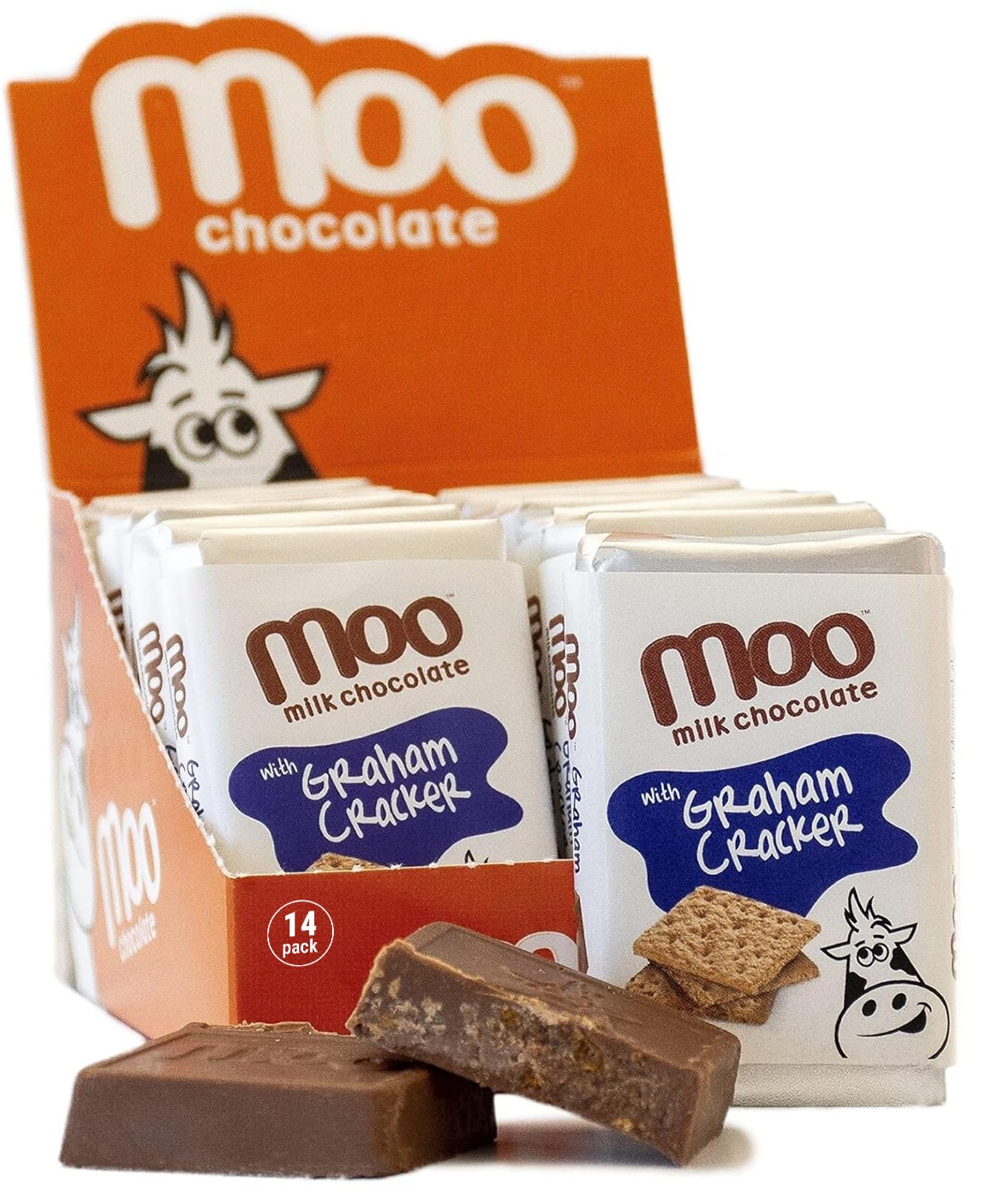 Moo Chocolates All Natural Milk Chocolate Mini Bars with Graham Cracker 0.7 oz, 14 ct (Pack of 1) | 100 Calorie Snacks for On-th