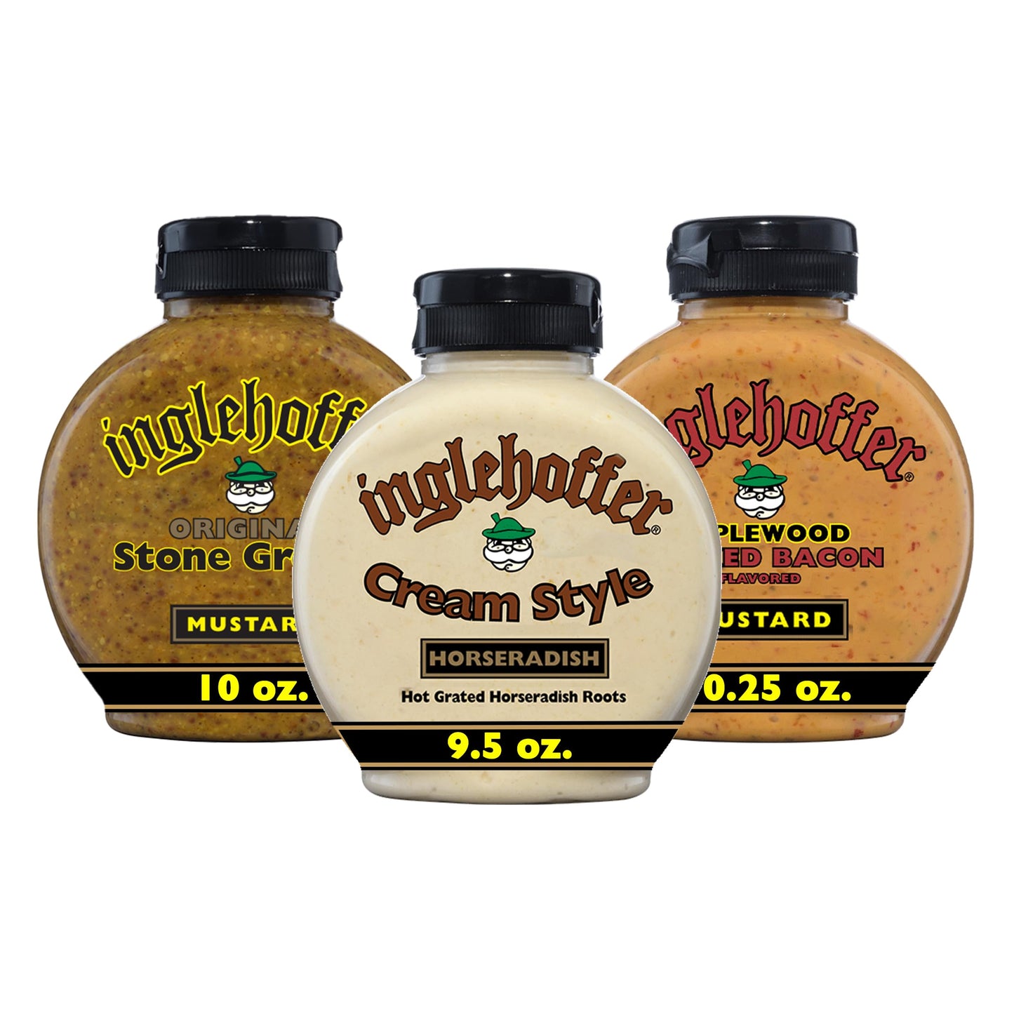 Inglehoffer Condiment Variety Pack, Stone Ground Mustard, Cream Style Horseradish And Applewood Smoked Bacon Mustard (Pack Of 3)