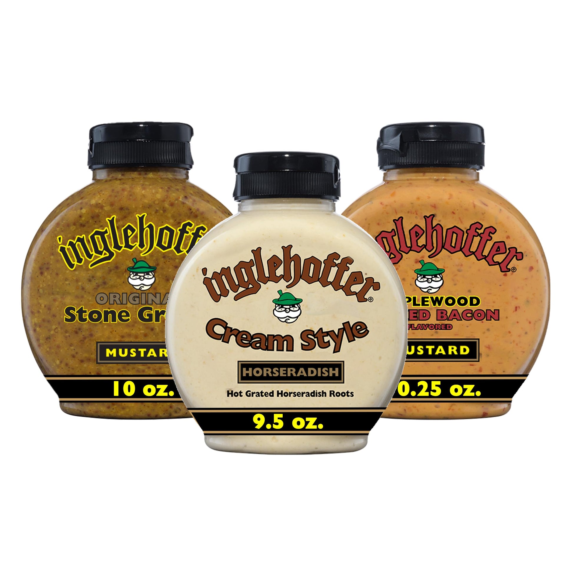 Inglehoffer Condiment Variety Pack, Stone Ground Mustard, Cream Style Horseradish And Applewood Smoked Bacon Mustard (Pack Of 3)