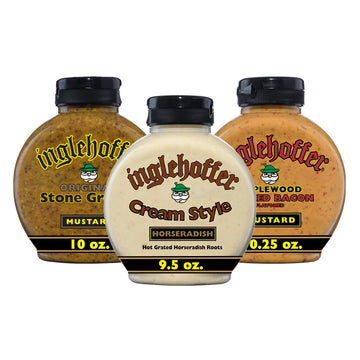 Inglehoffer Condiment Variety Pack, Stone Ground Mustard, Cream Style Horseradish And Applewood Smoked Bacon Mustard (Pack Of 3)