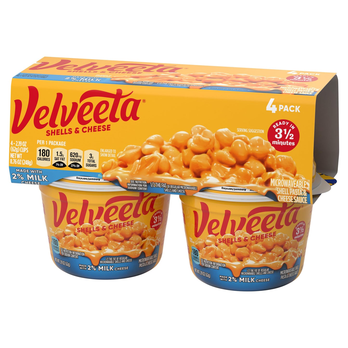 Velveeta Shells & Cheese Microwavable Macaroni and Cheese Cups with 2% Milk Cheese (4 ct Pack, 2.19 oz Cups)