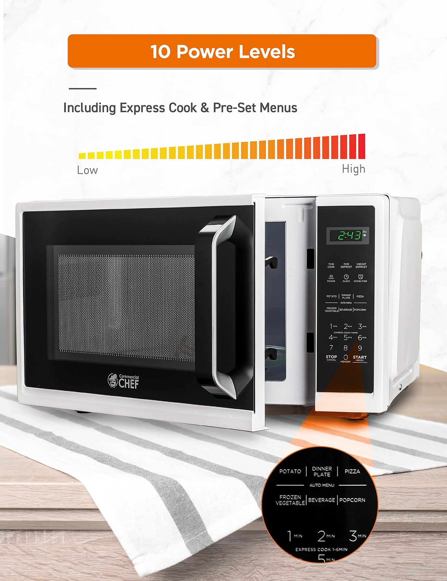Commercial Chef Small Microwave 09 Cu Ft Countertop Microwave With Digital Display, White Microwave  10 Power Levels, Outstandin