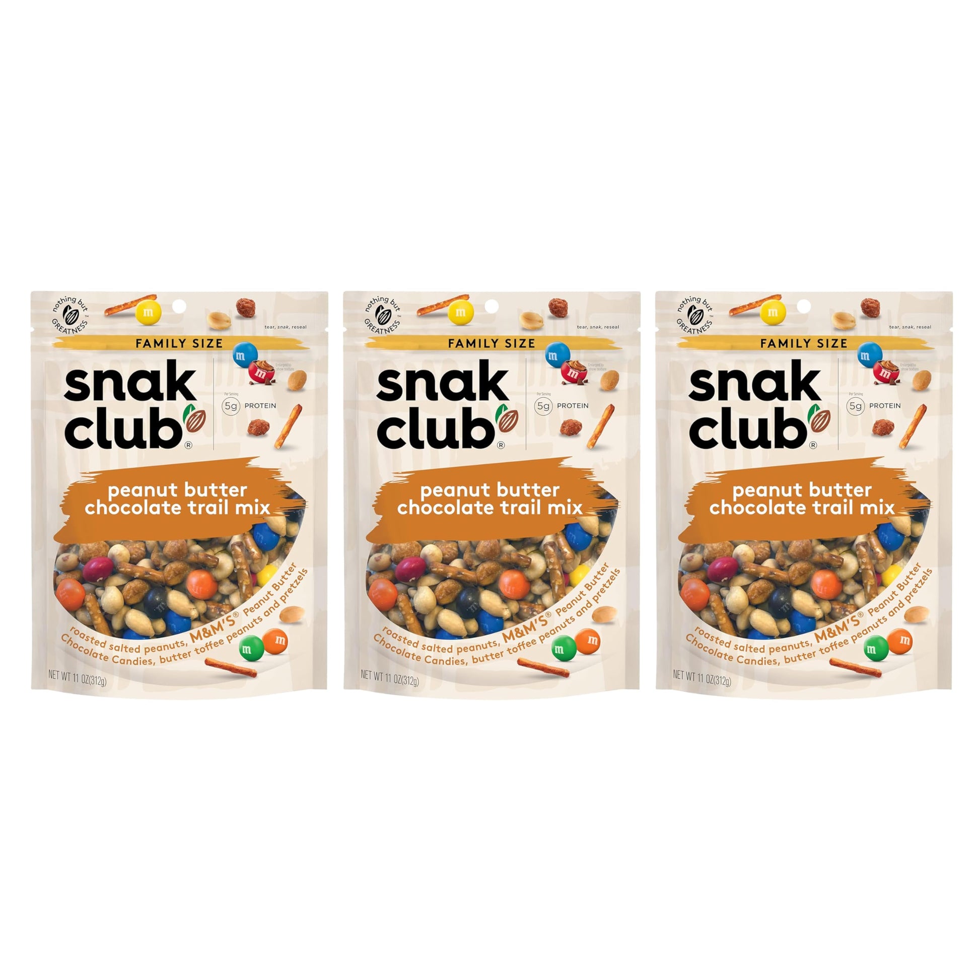 Snak Club Peanut Butter Chocolate Trail Mix with Peanuts, Peanut Butter M&MS, Toffee Peanuts, and Pretzels, 11 oz Resealable Bag
