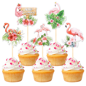 30 PCS Flamingo Cupcake Toppers Double Sided Flower Tropical Aloha Luau Picks Hello Summer Cake Decorations for Hawaii Theme Bab