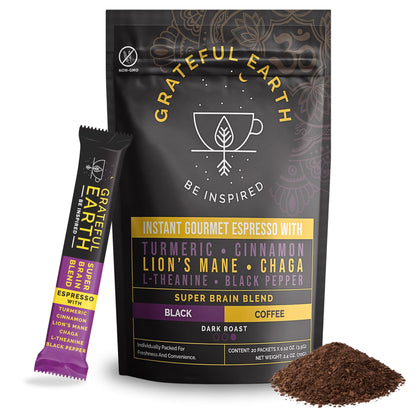 Grateful Earth Mushroom Coffee, Espresso Instant Coffee with Cinnamon, Turmeric, Lions Mane Mushrooms, L-Theanine, Chaga Super B