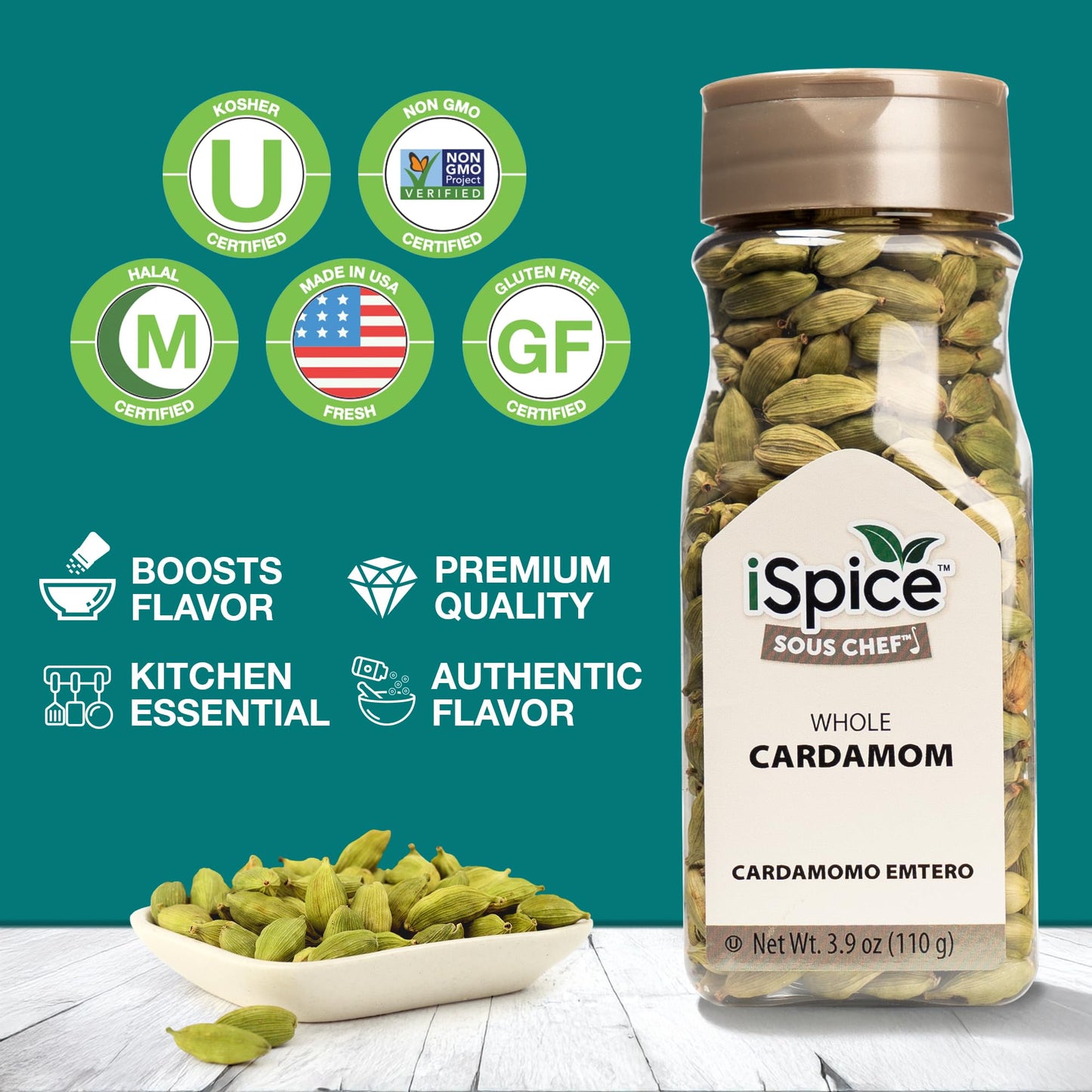 Ispice Cardamom Seeds Whole (3.9 Oz) 110G | Cardamom Pods Whole Pure And Fresh | Kosher | Aromatic Essential Kitchen Herbs