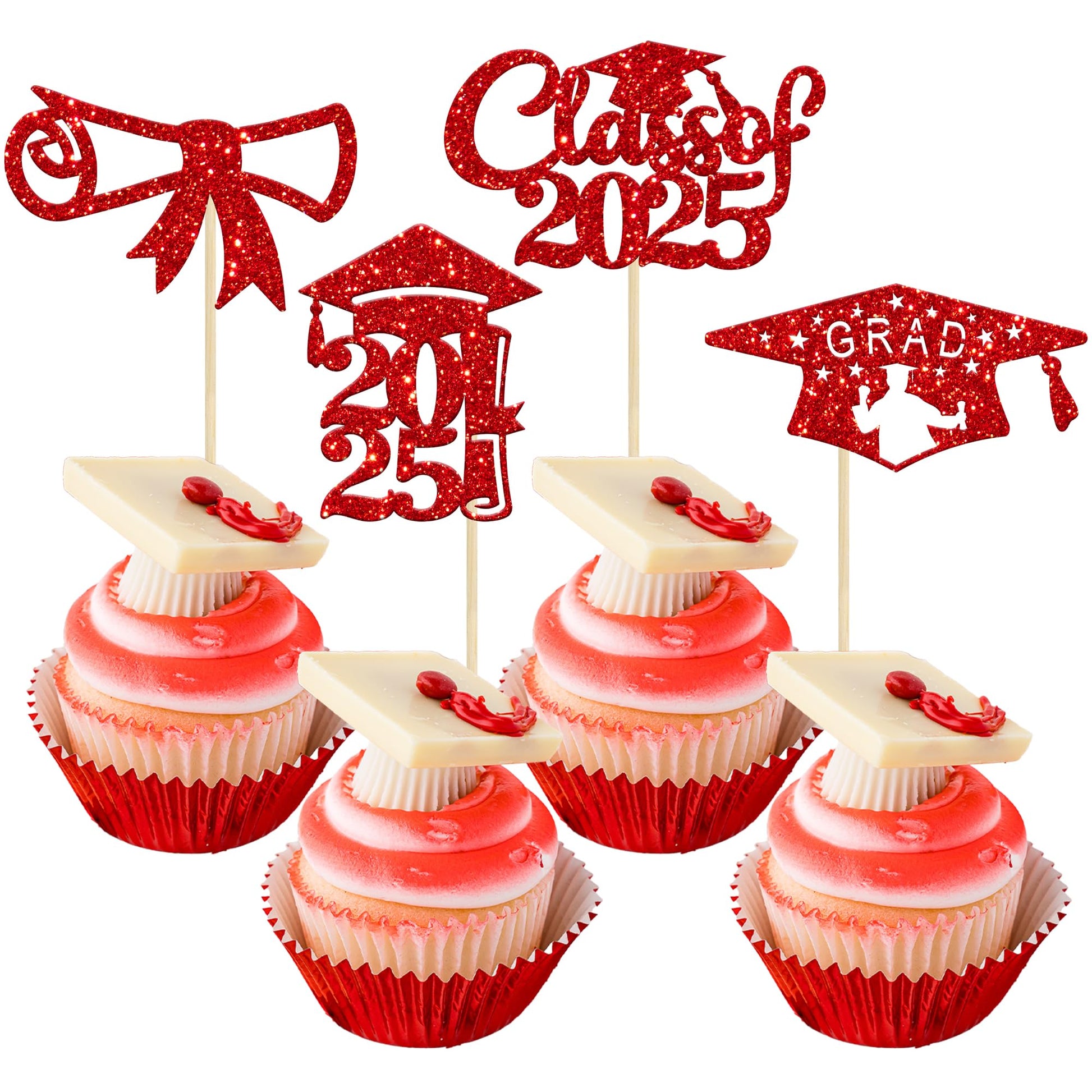 Gyufise 24Pcs 2025 Graduation Cupcake Toppers Red Glitter Class of 2025 Diploma Congrats Grad Cap Cupcake Picks Decoratiosn for 