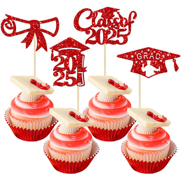 Gyufise 24Pcs 2025 Graduation Cupcake Toppers Red Glitter Class of 2025 Diploma Congrats Grad Cap Cupcake Picks Decoratiosn for 