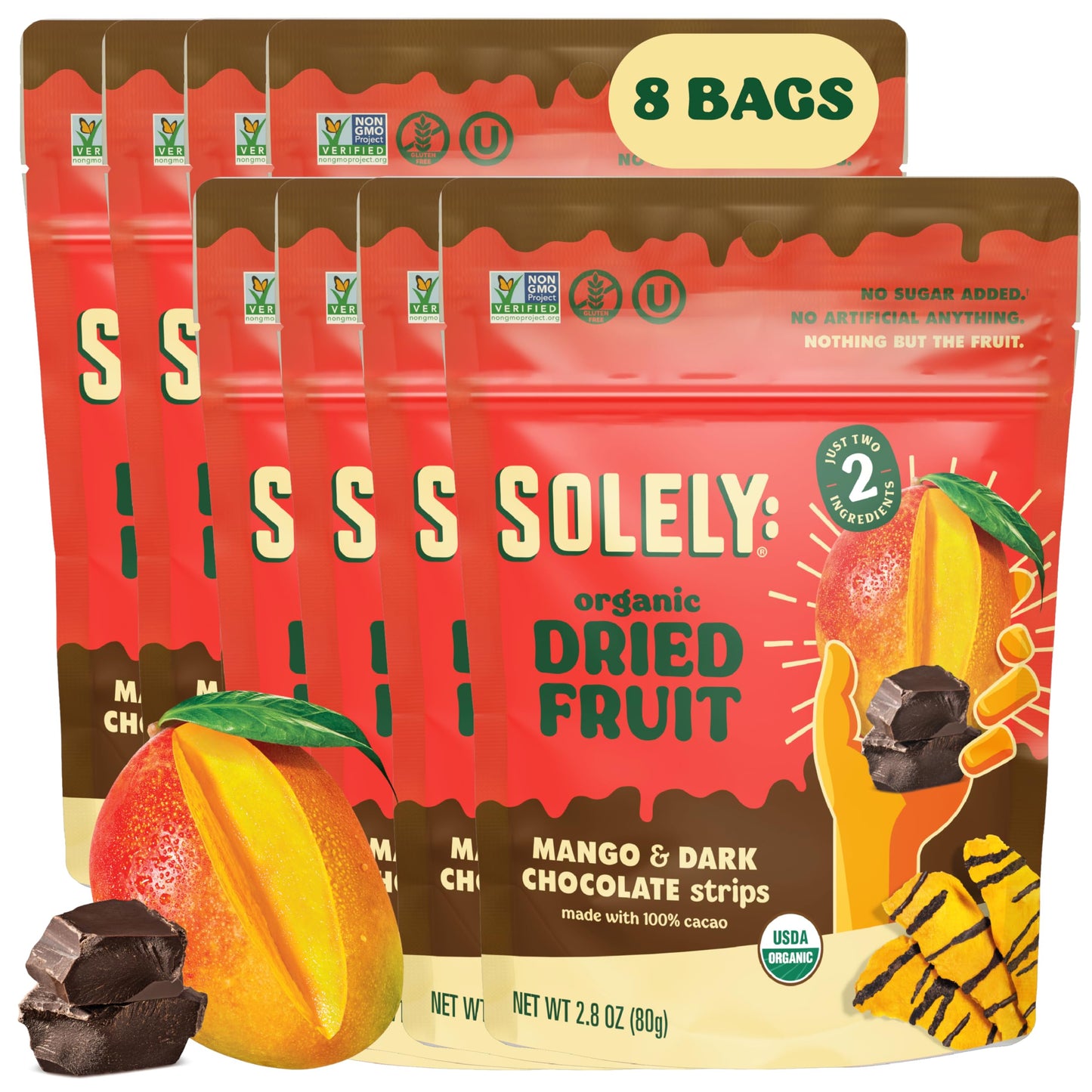 SOLELY - Organic Mango Chocolate Drizzled Strips (2.8 oz Resealable Bags, Pack of 8) - Real Fresh Fruit - Healthy Snacks for Adu