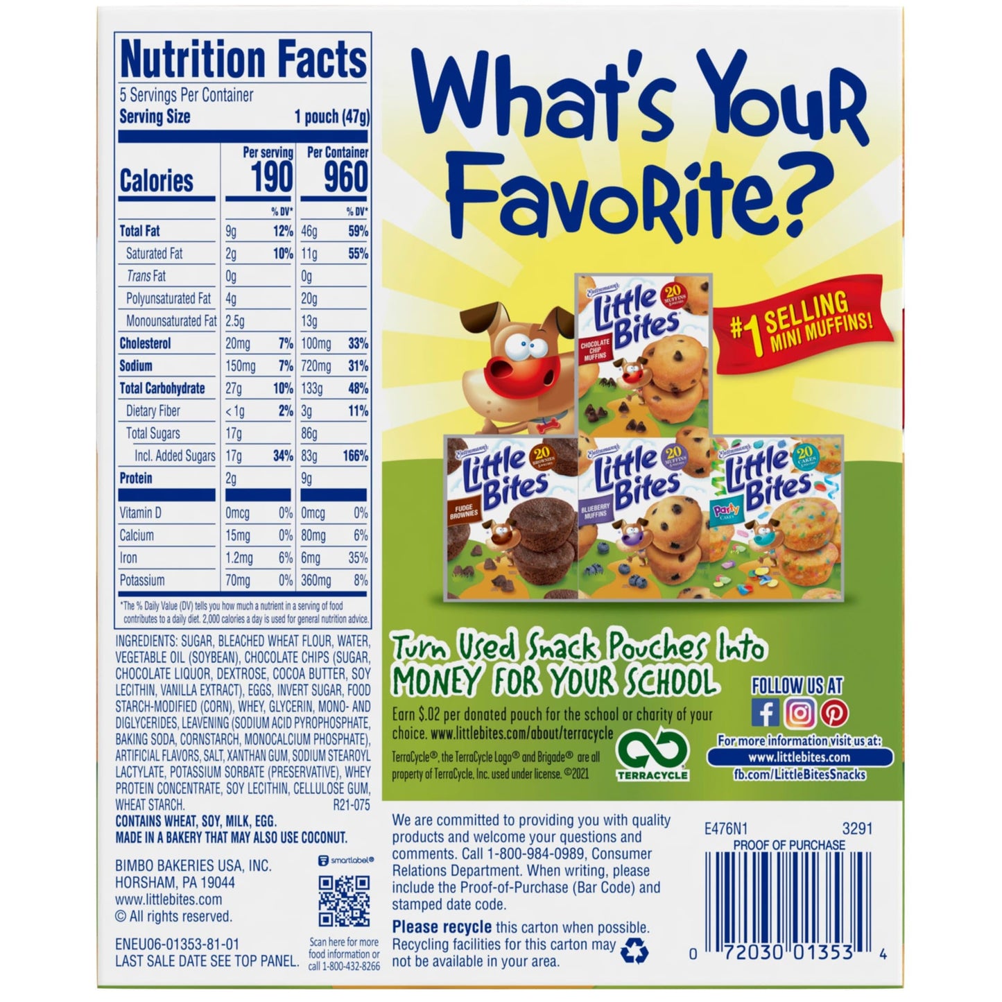 Entenmanns Little Bites Chocolate Chip Muffins, Pouches of Mini Muffins 8.25 oz, 5 Count