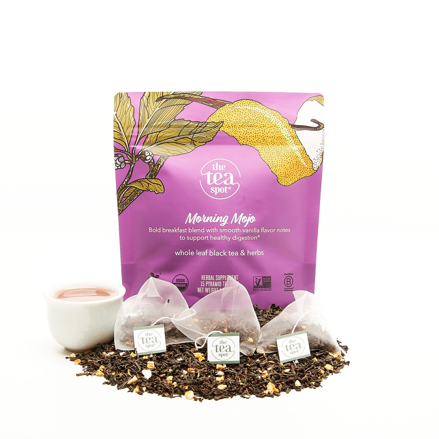 The Tea Spot Organic Morning Mojo Black Tea, Breakfast Blend with Vanilla & Citrus, 15 Tea Bags, Pack of 1