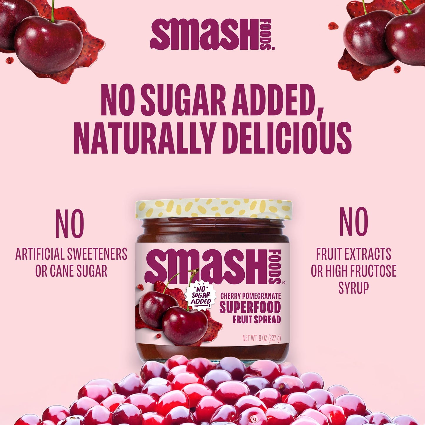 Smash Foods Cherry Pomegranate Jam | Low-Calorie, No Sugar Added Keto Jam With Upcycled Fruit & Chia Seeds | Vegan, Paleo Superf