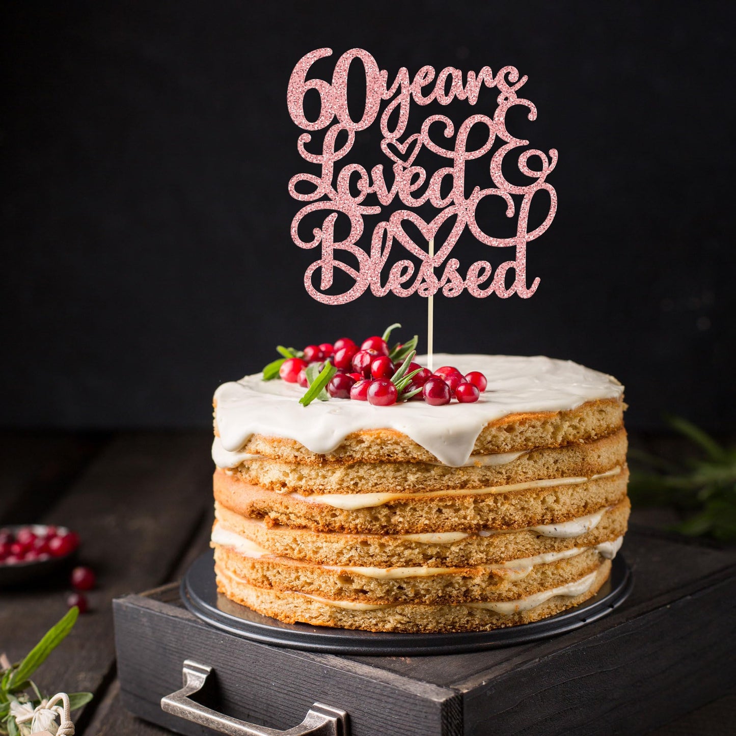 Gyufise Cake Topper - Rose Gold Glitter 60th Birthday Decoration - Small Paper Cheers to 60 Years