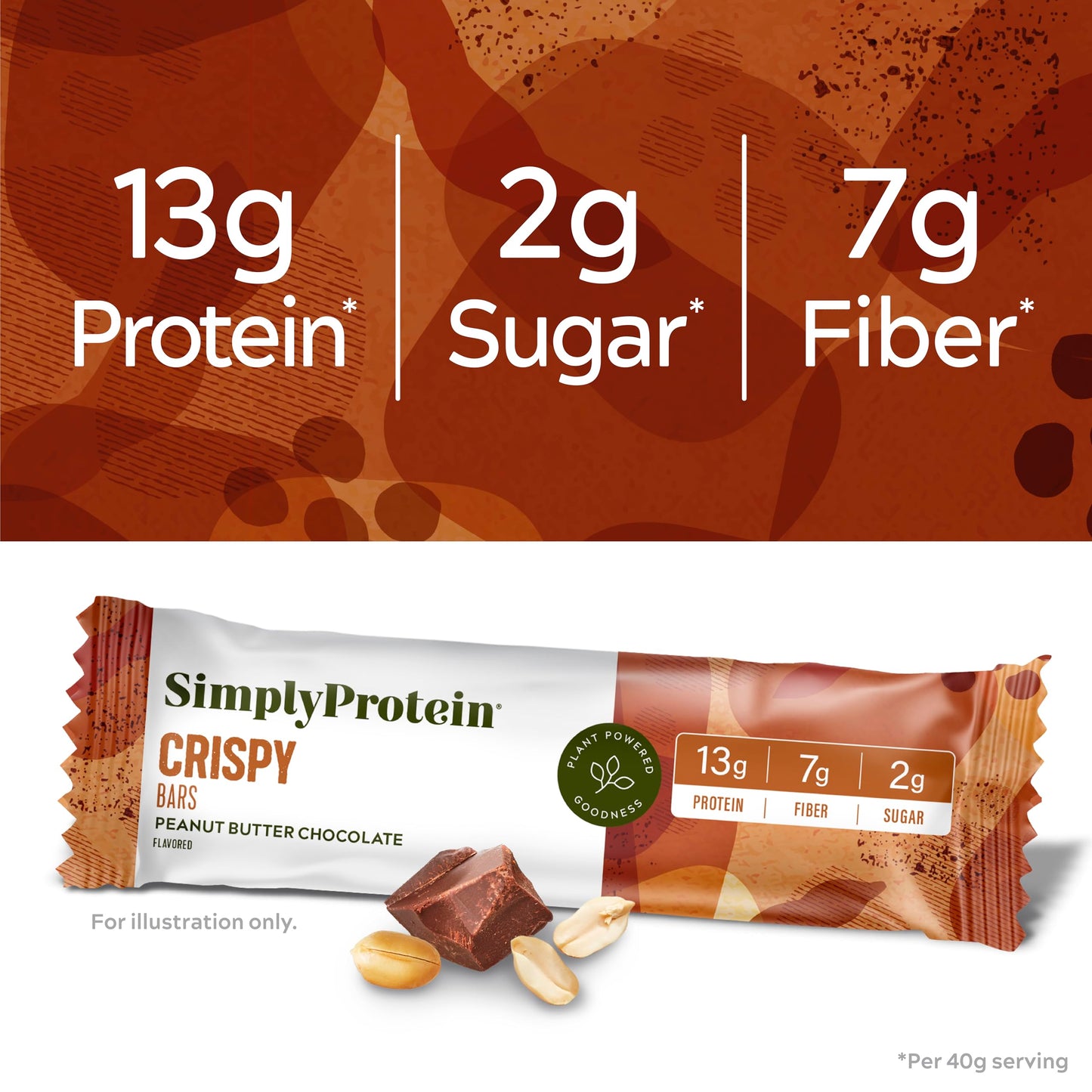 Simply Protein - Peanut Butter Chocolate Crispy Bars - Plant Based Protein Bars - Low Carb  Low Sugar  High Fiber - 13g Protein  2g Sugar  7g Fiber - Vegan  Gluten Free  Non GMO  Kosher - 24 Bars