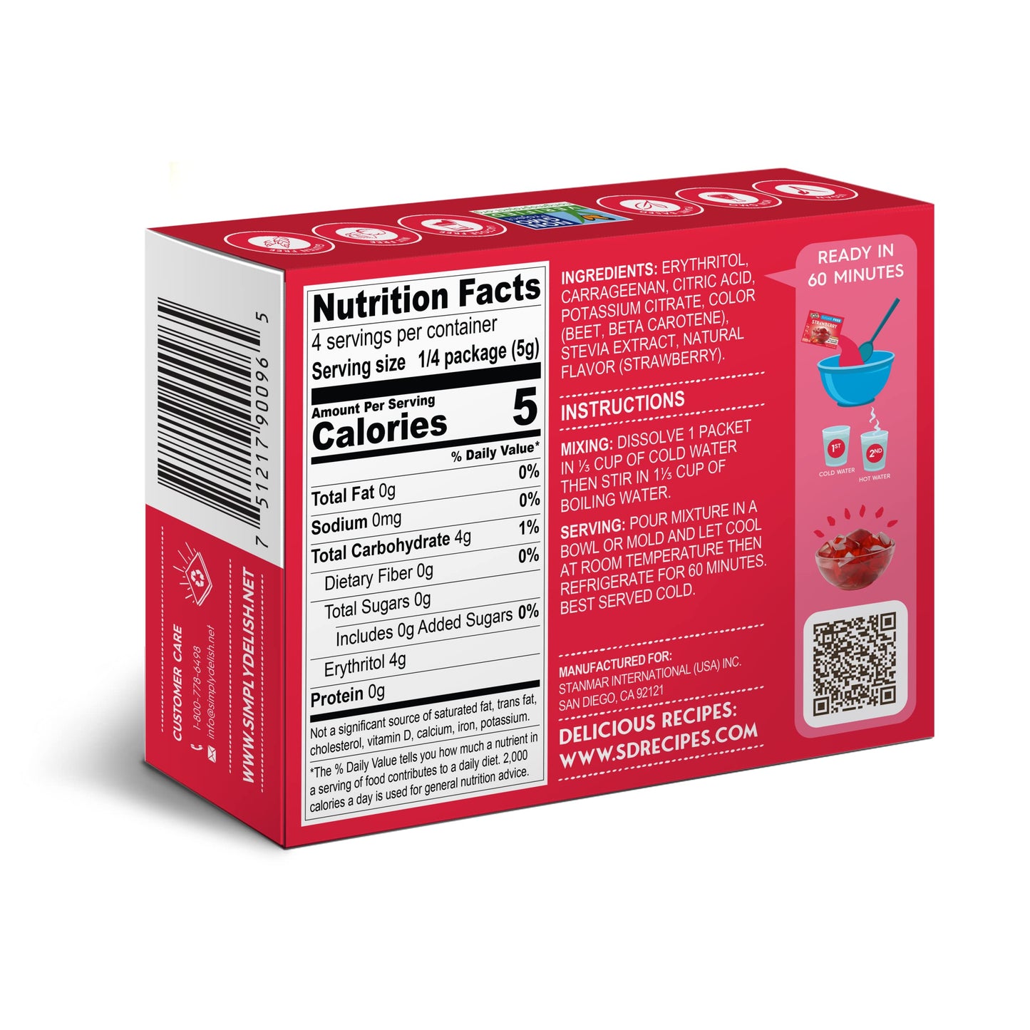 Simply Delish Plant Based Natural Strawberry Jel Dessert - 6 Pack - Zero Sugar, 0g Net Carbs, Gluten Free, Vegan, Diabetic & All