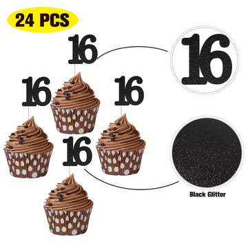 Sumerk 24Pcs Number 16 Cupcake Toppers Black Glitter 16Th Birthday Cupcake Picks Anniversary Party Decorations
