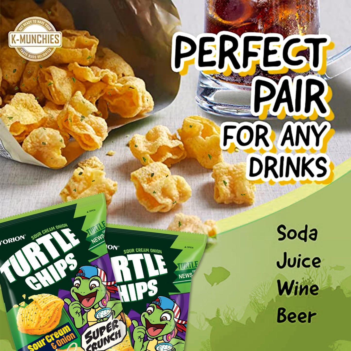 K-Munchies Orion Turtle Chips - Large 3 X 160-Gram Sour Cream And Onion Flavor Korean Chips - Big Bag, Party Size Tasty, Crispy